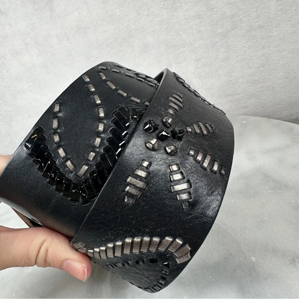 Brighton Black Leather‎ Belt Silver wide floral opera whipstitch bohemian biker